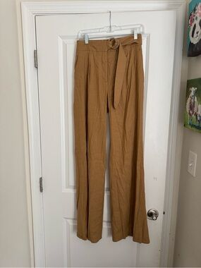 Veronica Beard Tan Wide-Leg High-Rise Pants with Tie Belt